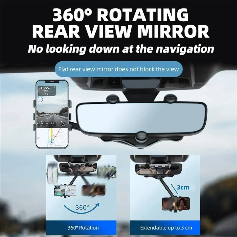 Car Phone Holder Rearview Mirror Mount 360° Rotating Foldable