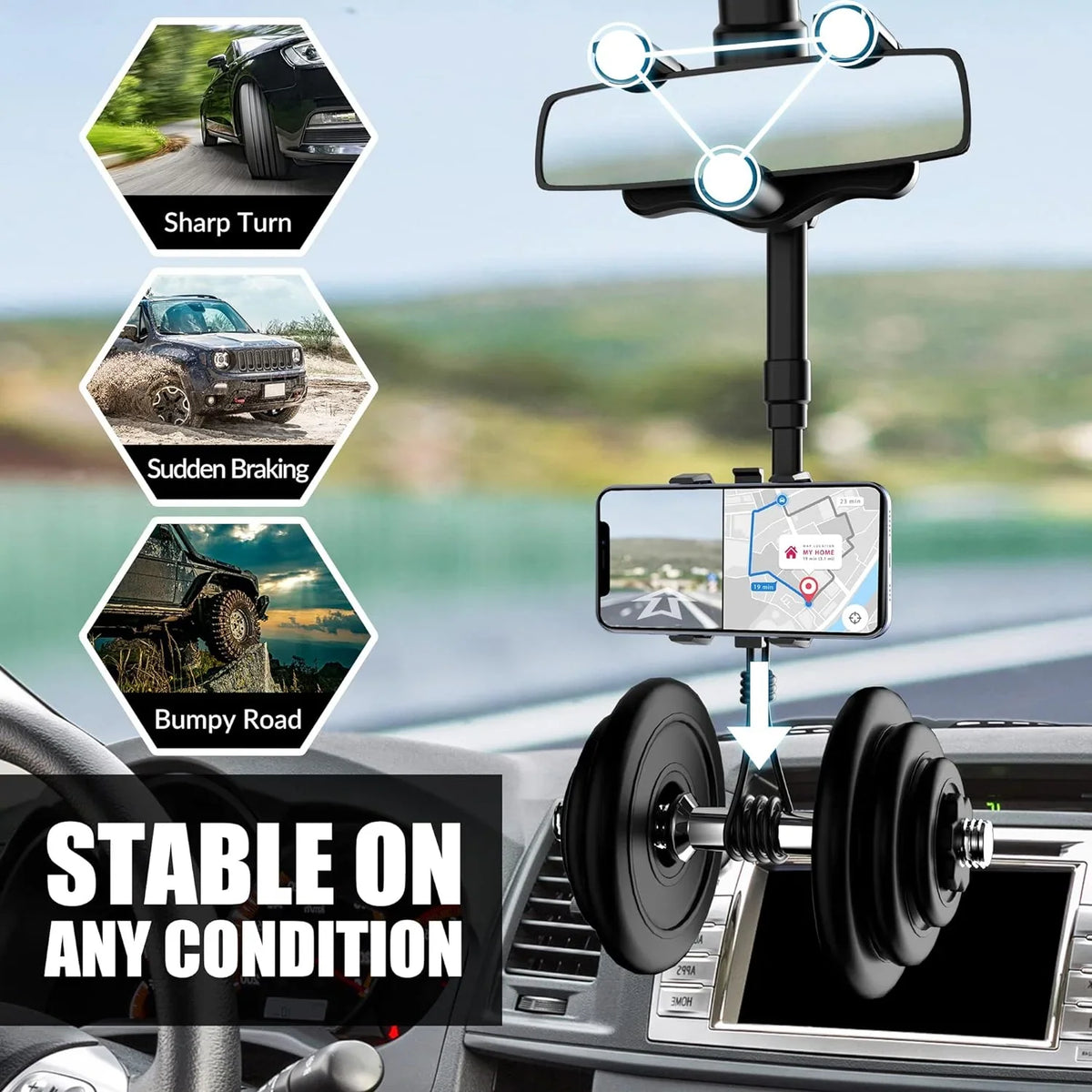 Car Phone Holder Rearview Mirror Mount 360° Rotating Foldable