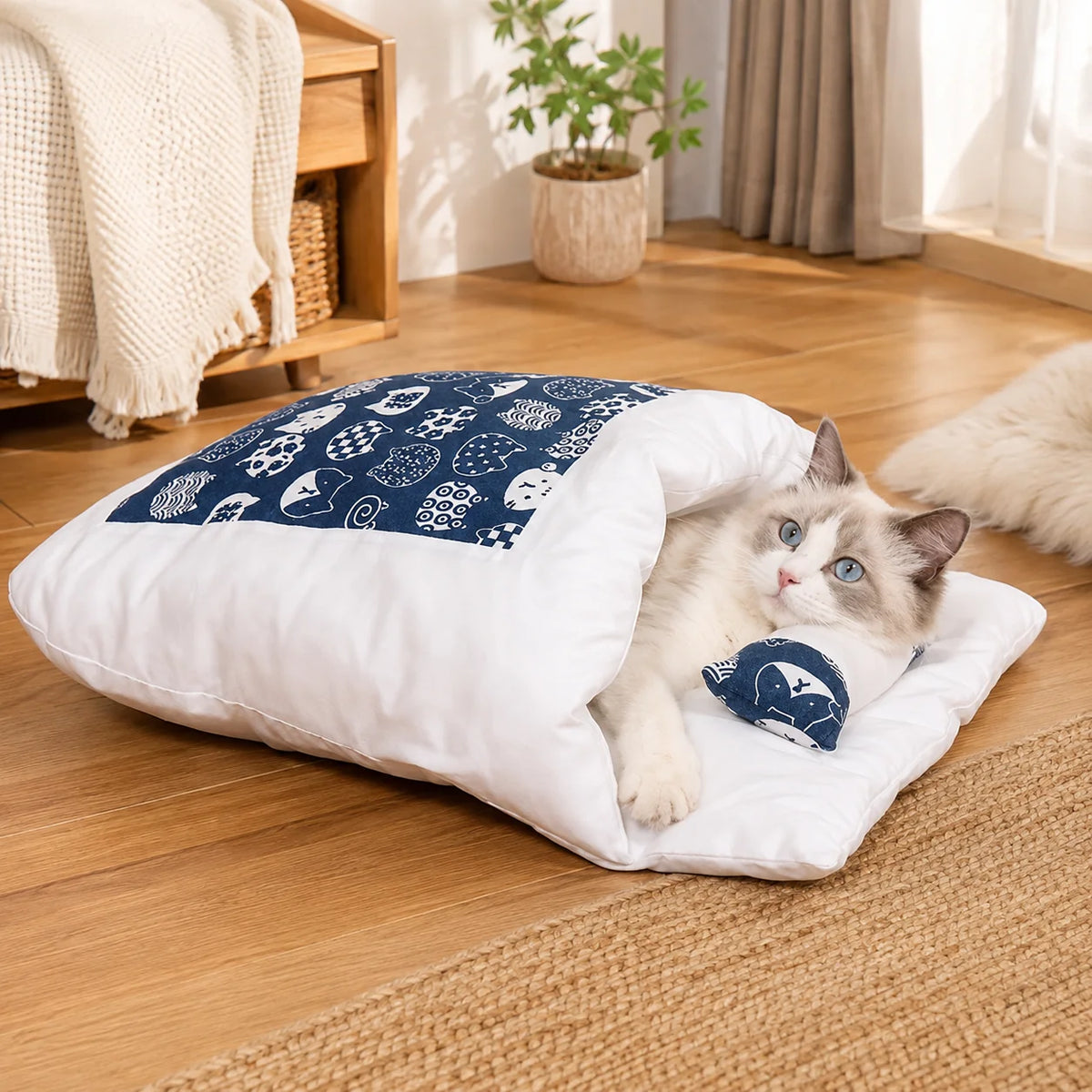 Cat Bed Enclosed Cave Design Built-In Pillow Plush Fabric