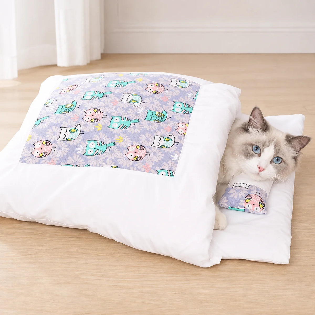 Cat Bed Enclosed Cave Design Built-In Pillow Plush Fabric