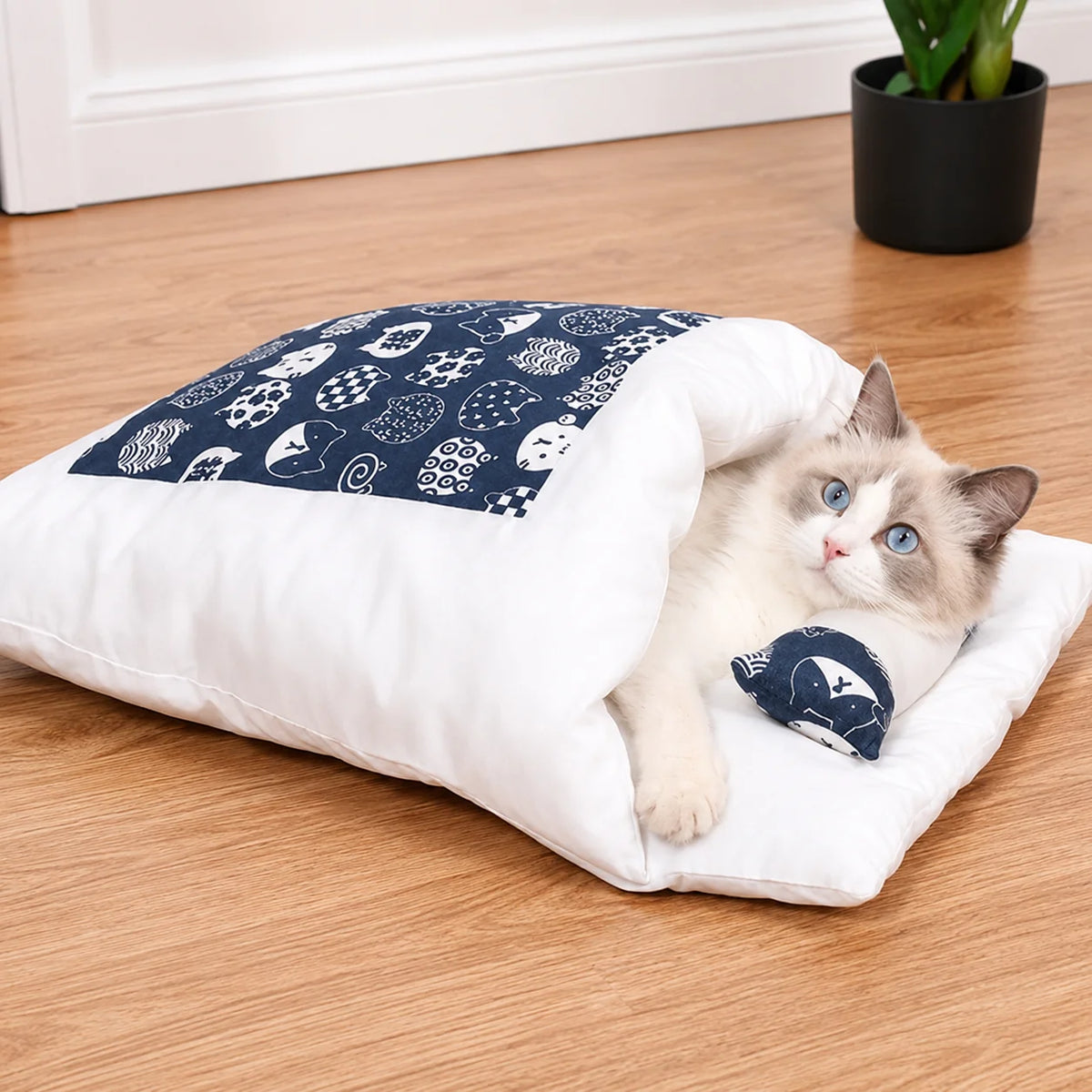 Cat Bed Enclosed Cave Design Built-In Pillow Plush Fabric