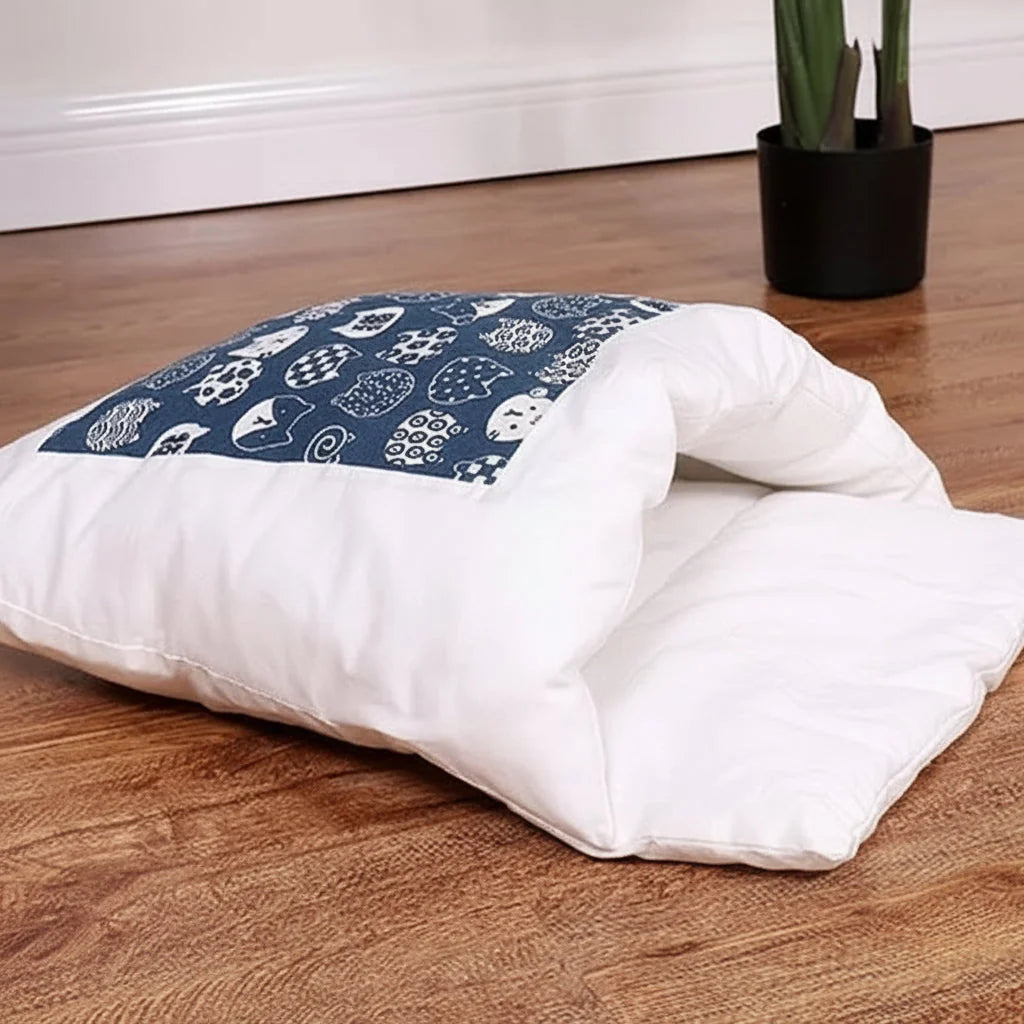 Cat Bed Enclosed Cave Design Built-In Pillow Plush Fabric