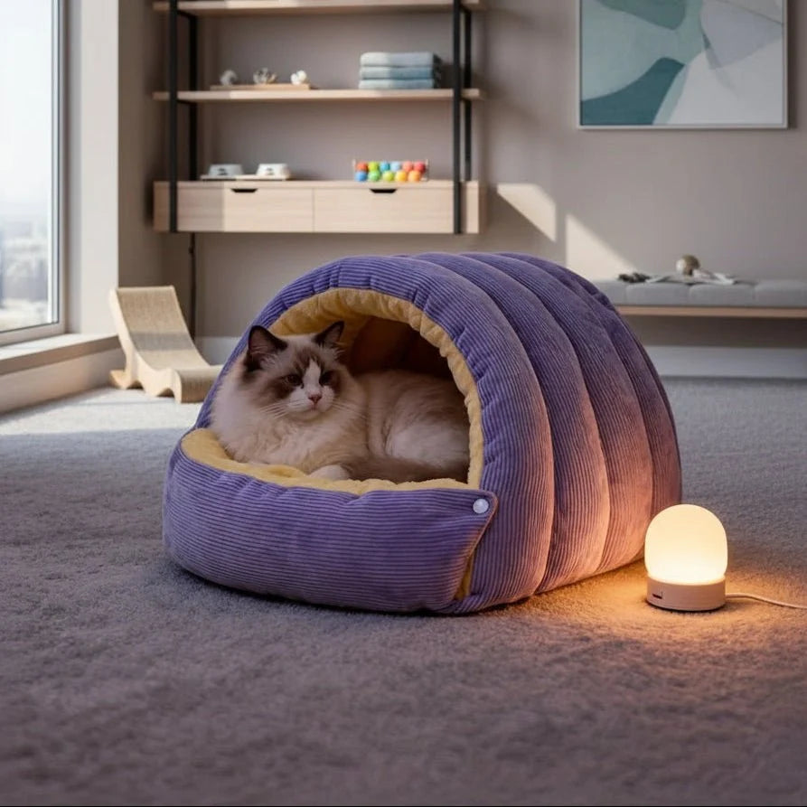 Cat Bed Enclosed Cave Design Warm Fleece Machine Washable