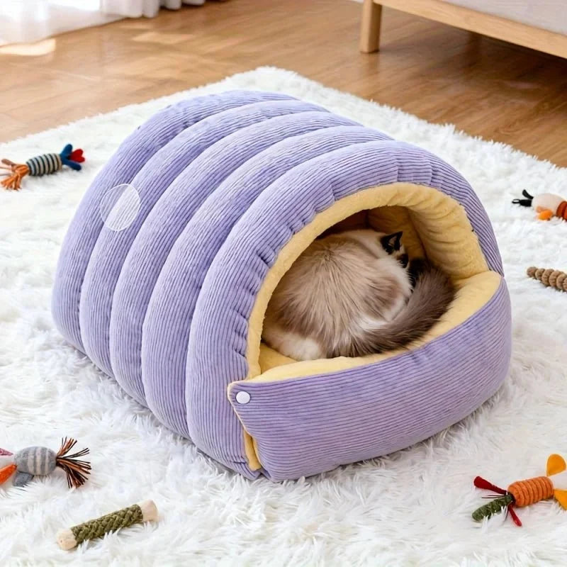 Cat Bed Enclosed Cave Design Warm Fleece Machine Washable