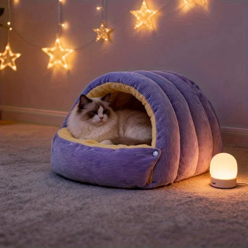 Cat Bed Enclosed Cave Design Warm Fleece Machine Washable