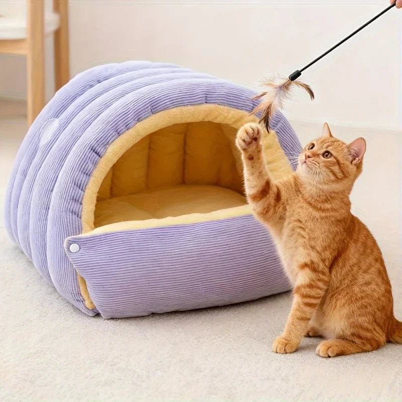 Cat Bed Enclosed Cave Design Warm Fleece Machine Washable