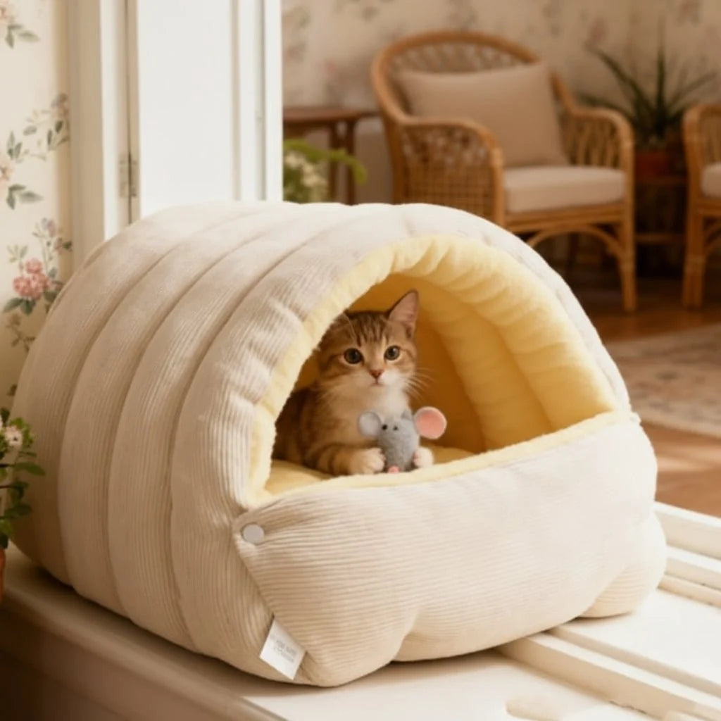 Cat Bed Enclosed Cave Design Warm Fleece Machine Washable