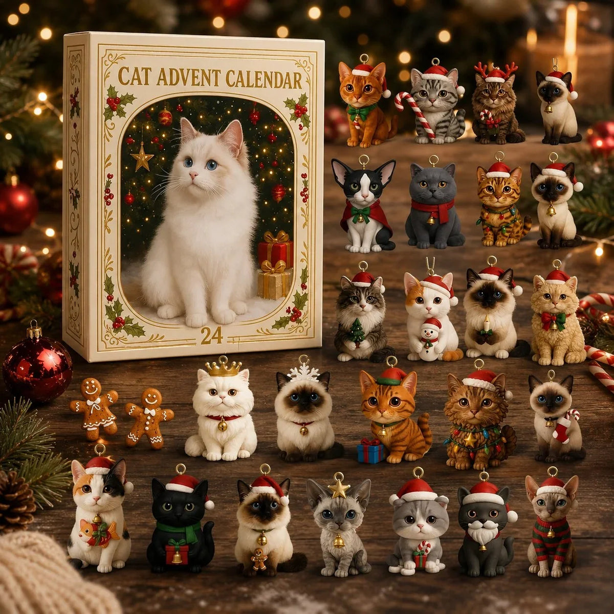 Cat Figurine Advent Calendar 24-Day Reusable Plastic Christmas Decor