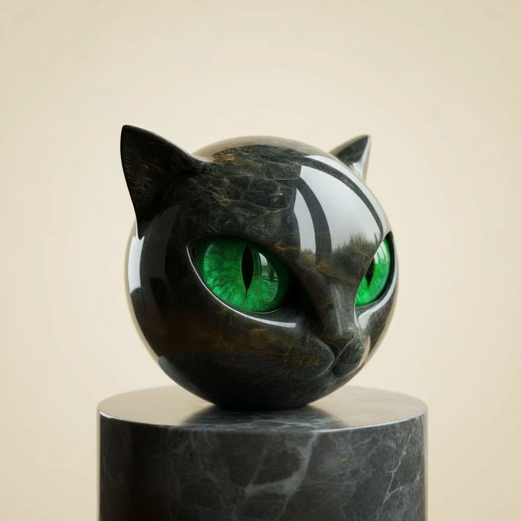Cat Head Sculpture in Glossy Marble-Look Resin with Expressive Eyes
