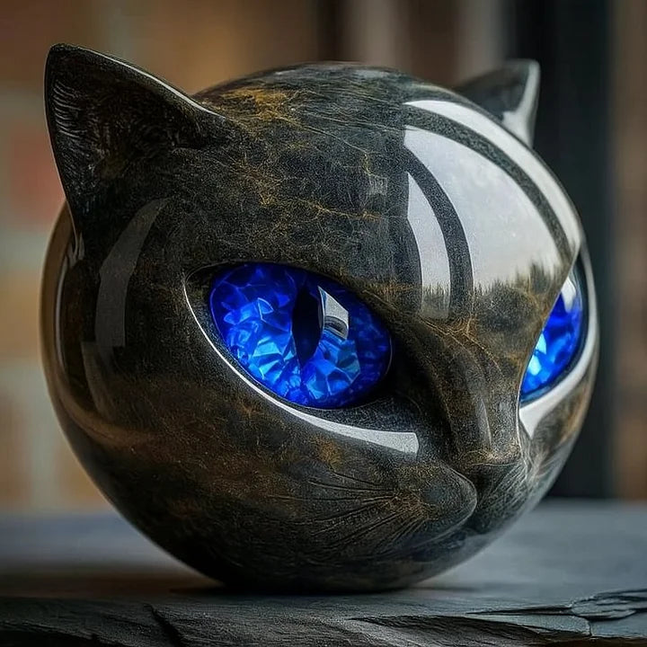 Cat Head Sculpture in Glossy Marble-Look Resin with Expressive Eyes