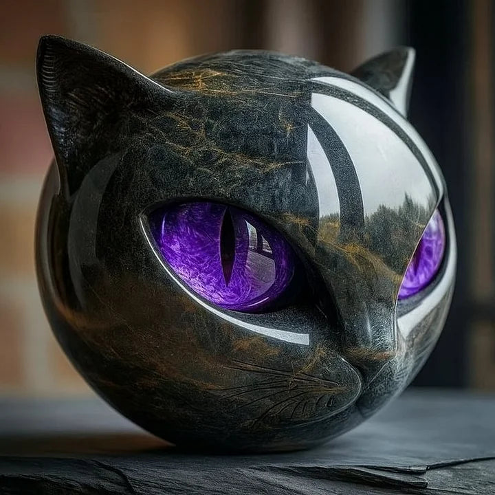 Cat Head Sculpture in Glossy Marble-Look Resin with Expressive Eyes