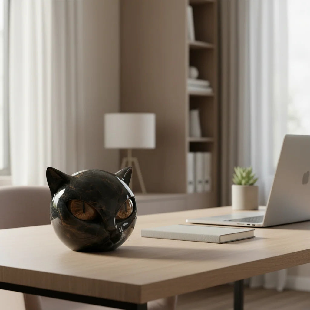 Cat Head Sculpture in Glossy Marble-Look Resin with Expressive Eyes