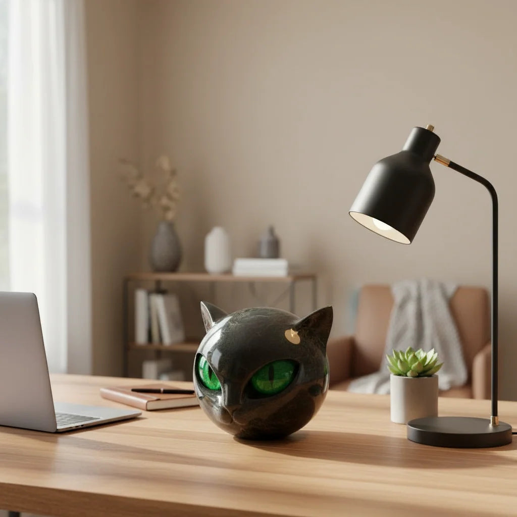 Cat Head Sculpture in Glossy Marble-Look Resin with Expressive Eyes