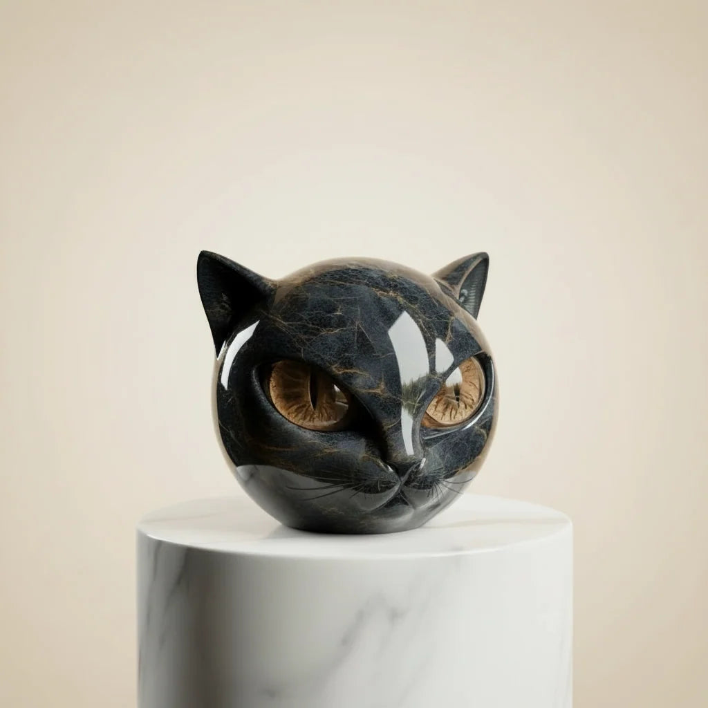 Cat Head Sculpture in Glossy Marble-Look Resin with Expressive Eyes