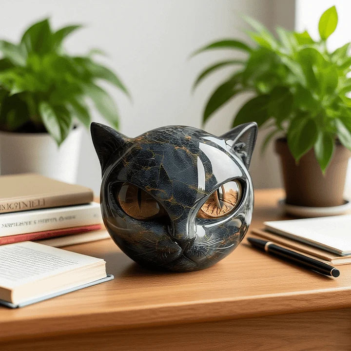 Cat Head Sculpture in Glossy Marble-Look Resin with Expressive Eyes