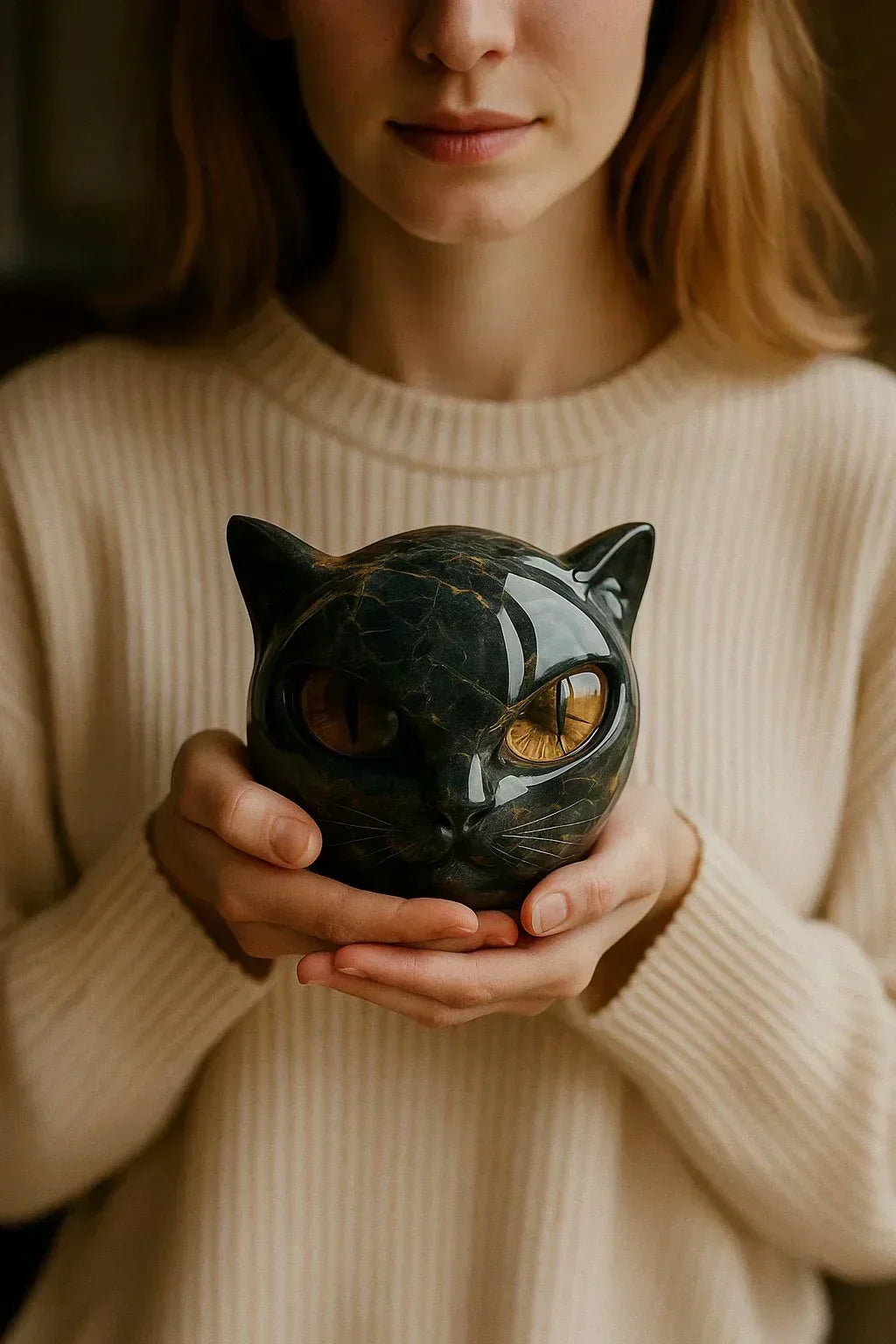 Cat Head Sculpture in Glossy Marble-Look Resin with Expressive Eyes