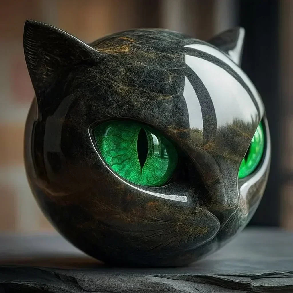 Cat Head Sculpture in Glossy Marble-Look Resin with Expressive Eyes