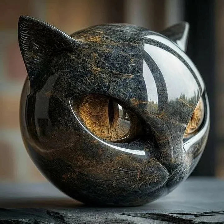 Cat Head Sculpture in Glossy Marble-Look Resin with Expressive Eyes