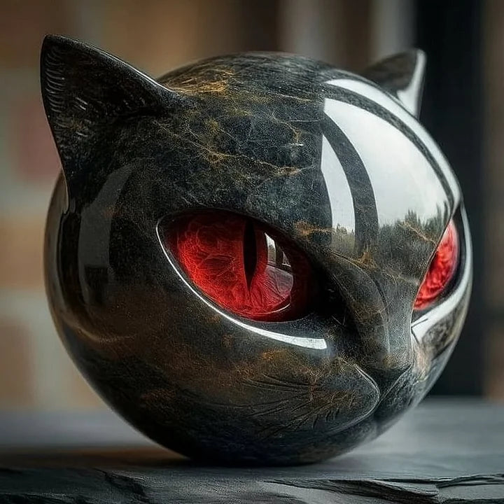 Cat Head Sculpture in Glossy Marble-Look Resin with Expressive Eyes