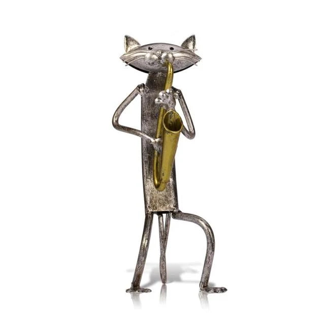 Cat Sculpture Handcrafted Iron Musician Design