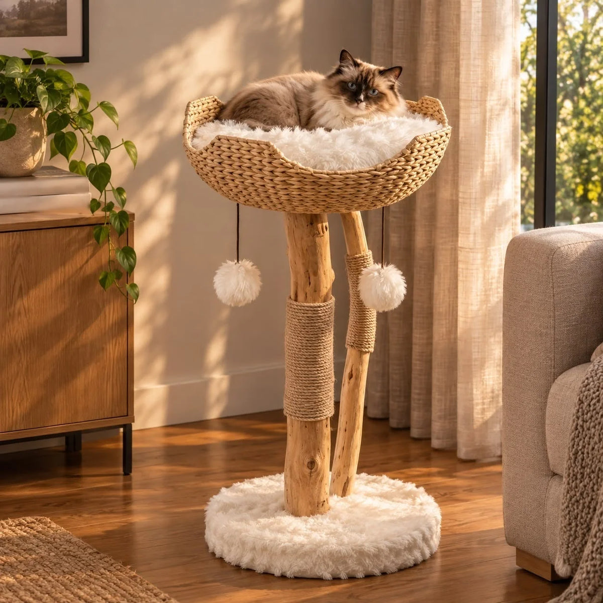 Cat Tree Woven Basket Bed Real Wood Branches