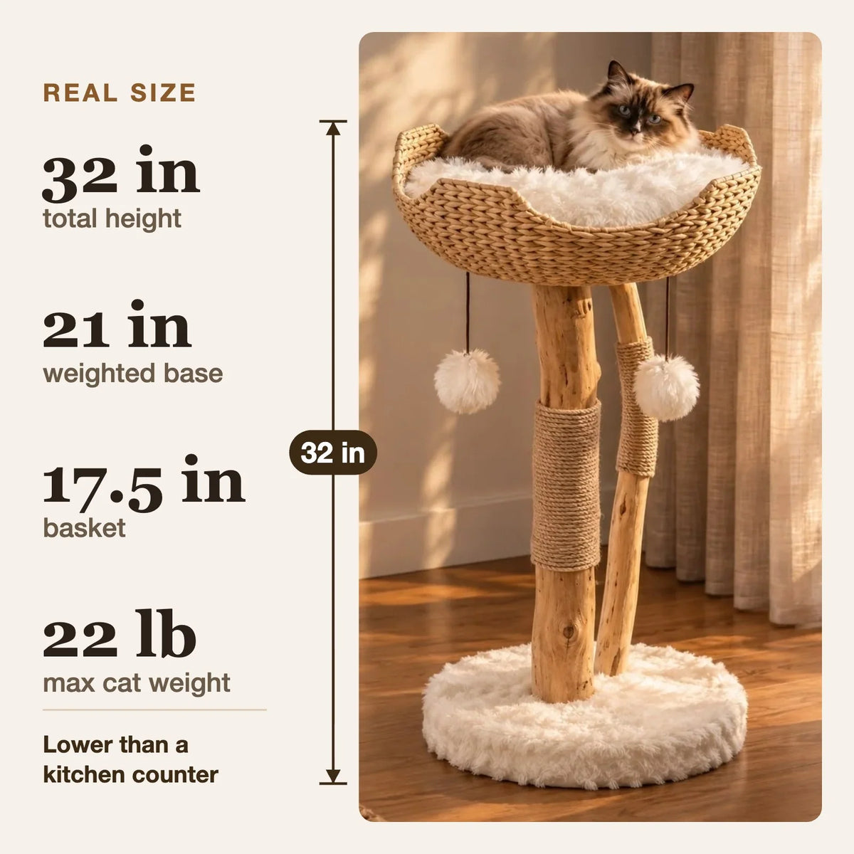 Cat Tree Woven Basket Bed Real Wood Branches