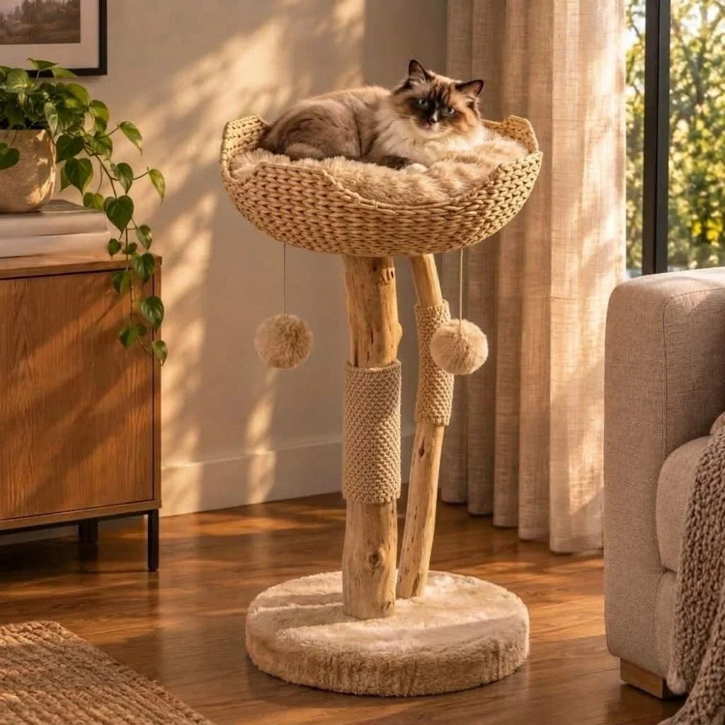 Cat Tree Woven Basket Bed Real Wood Branches