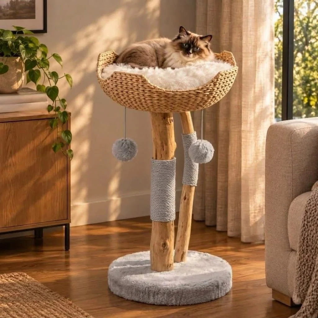 Cat Tree Woven Basket Bed Real Wood Branches
