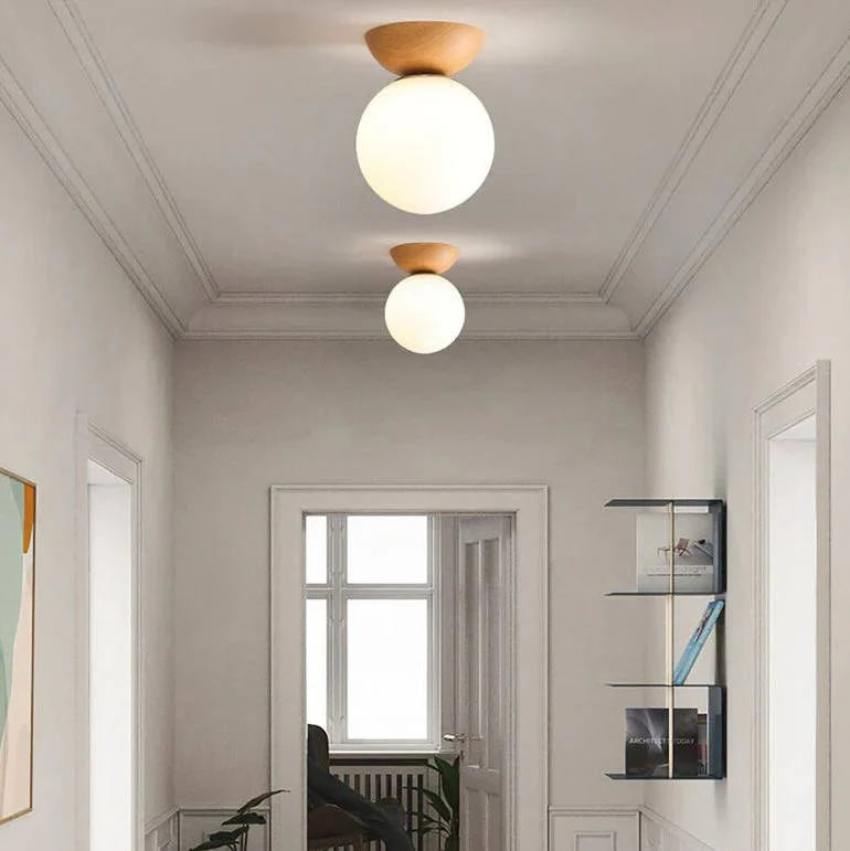 Ceiling Light Glass Globe Wood Grain Design E14 Socket