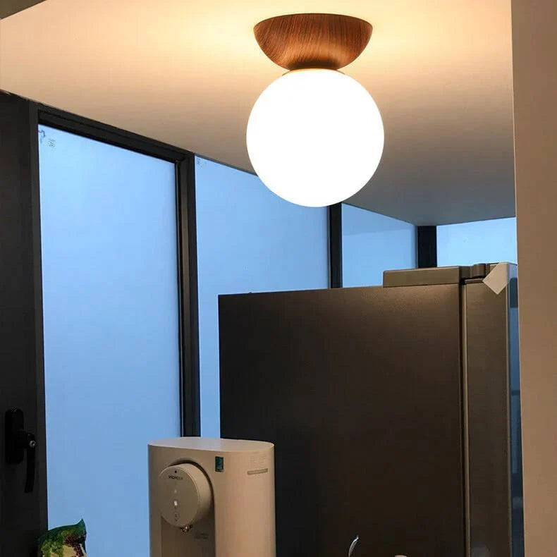 Ceiling Light Glass Globe Wood Grain Design E14 Socket