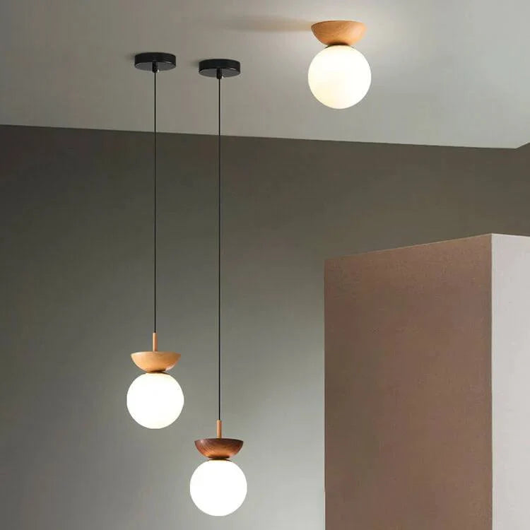 Ceiling Light Glass Globe Wood Grain Design E14 Socket