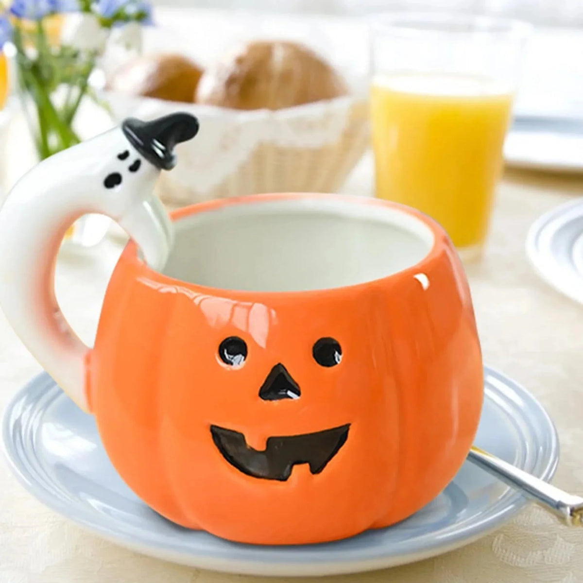Ceramic Mug Pumpkin Shape Ghost Handle for Hot & Cold Drinks