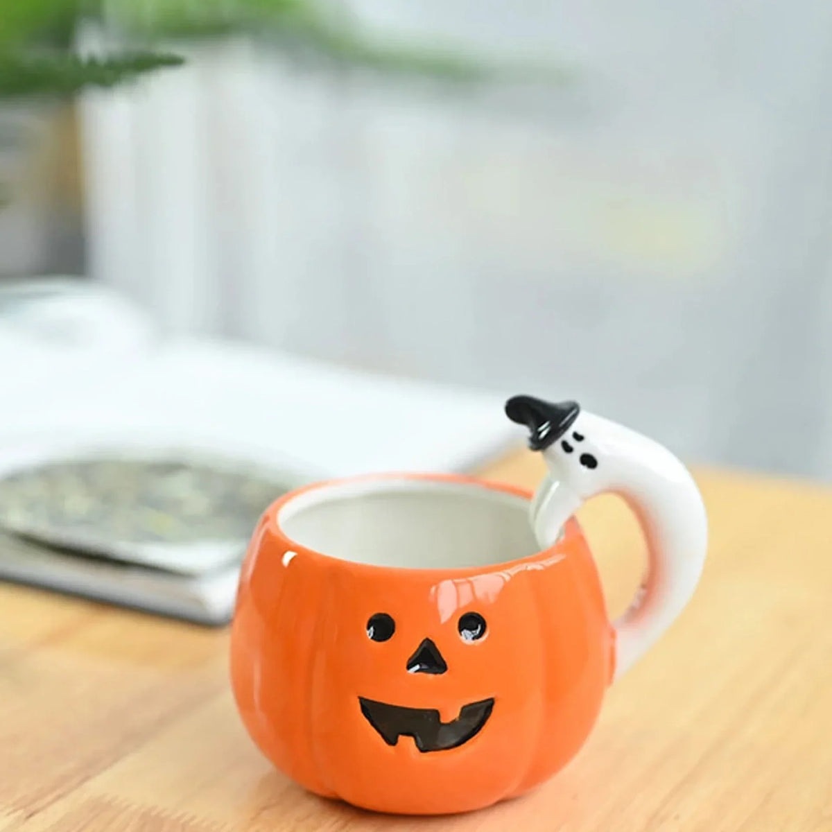 Ceramic Mug Pumpkin Shape Ghost Handle for Hot & Cold Drinks