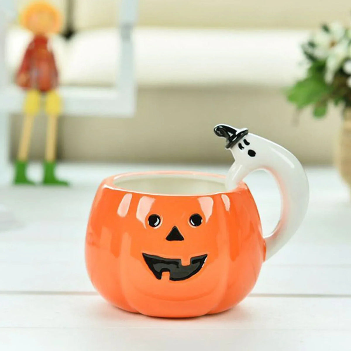 Ceramic Mug Pumpkin Shape Ghost Handle for Hot & Cold Drinks