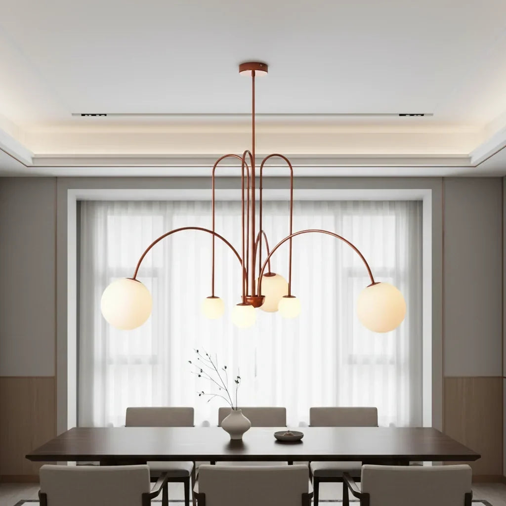 Chandelier Curved Metal Frame Frosted Glass Globes