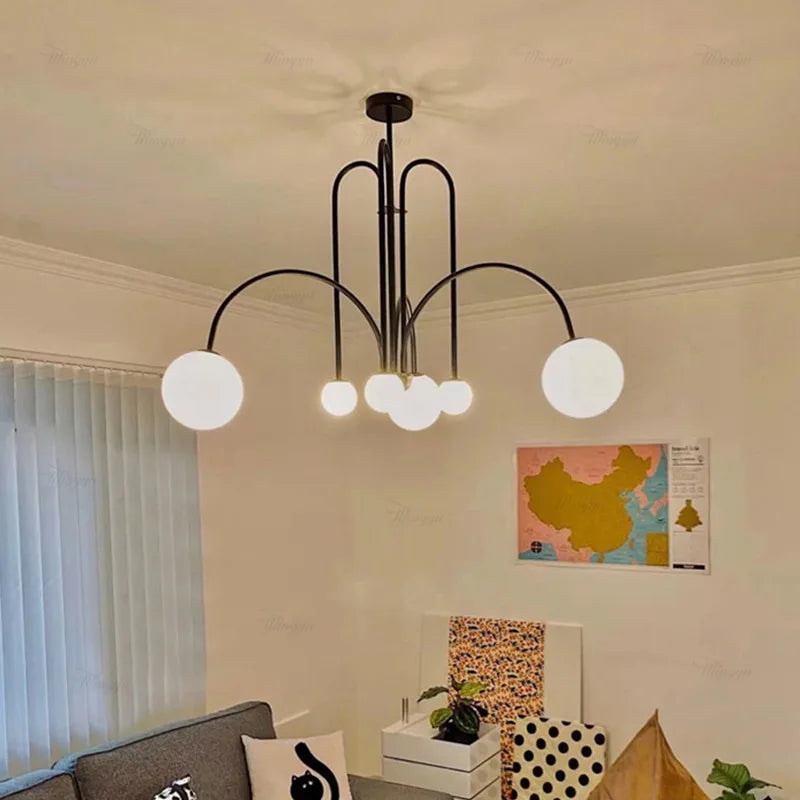 Chandelier Curved Metal Frame Frosted Glass Globes
