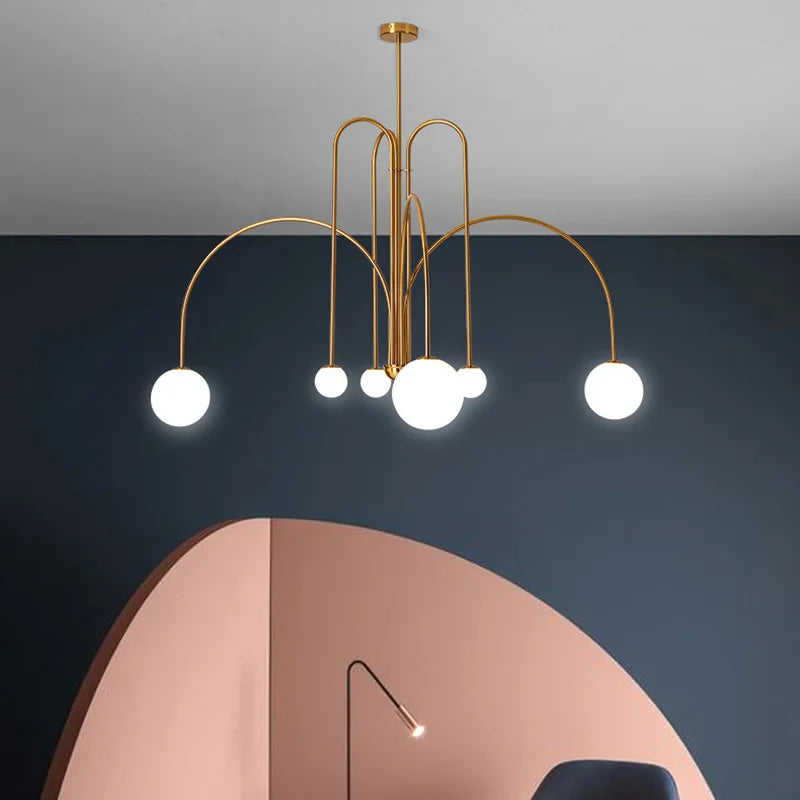 Chandelier Curved Metal Frame Frosted Glass Globes