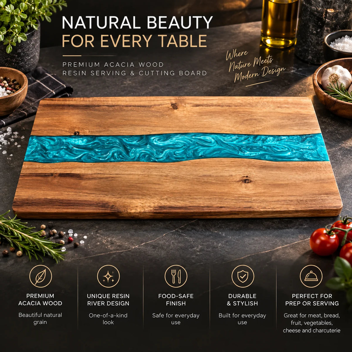 Charcuterie & Cutting Board Acacia Wood Blue Resin River