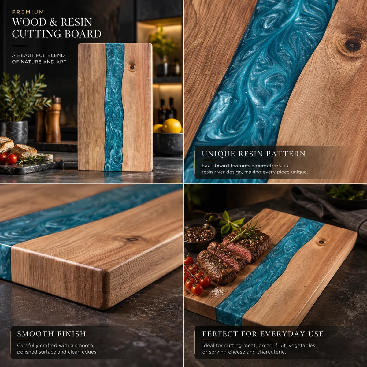 Charcuterie & Cutting Board Acacia Wood Blue Resin River