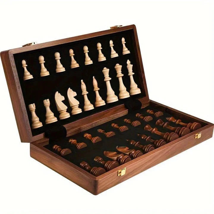 Chess Set Folding Wooden Board Magnetic Closure With Piece Storage