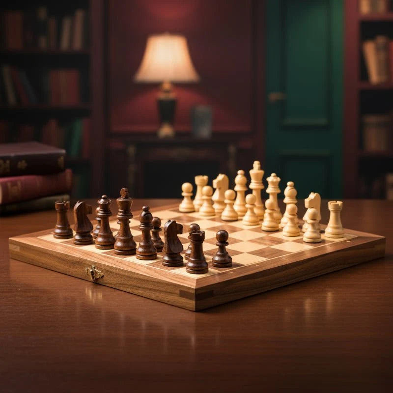 Chess Set Magnetic Wooden Pieces Folding Board with Storage
