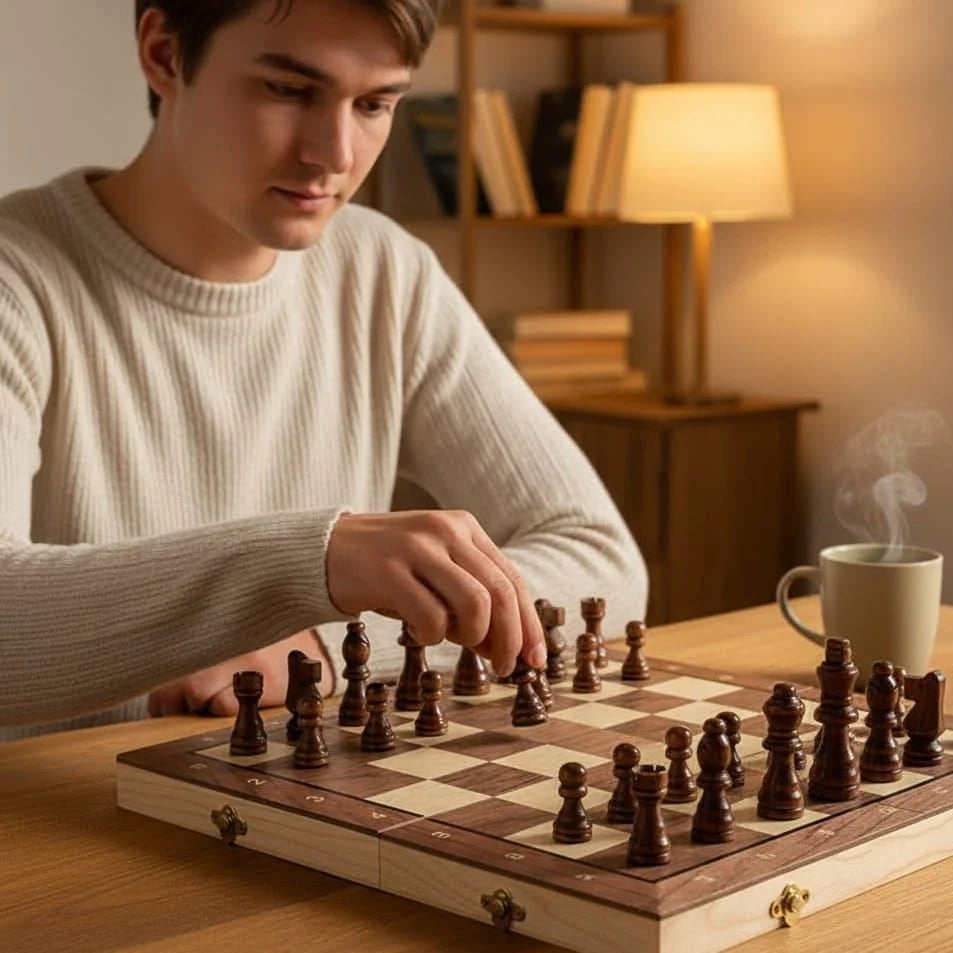 Chess Set Magnetic Wooden Pieces Folding Board with Storage