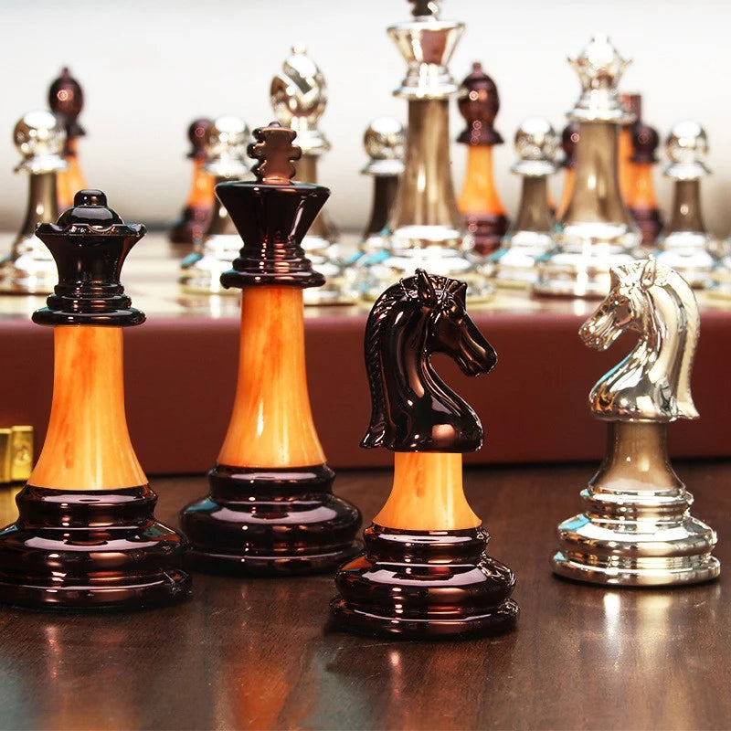 Chess Set Weighted Metal Pieces & Foldable Wood Board