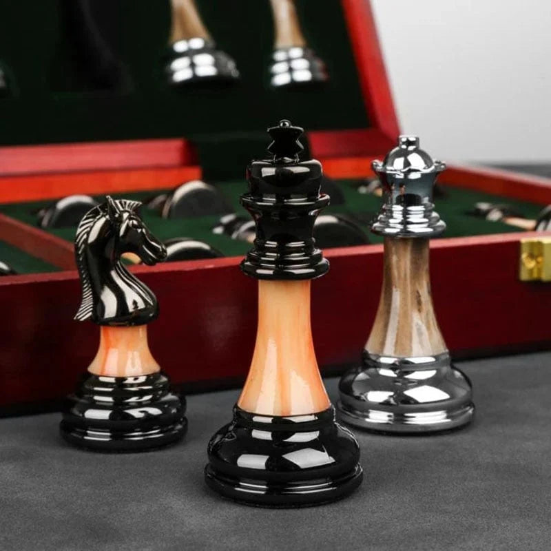 Chess Set Weighted Metal Pieces & Foldable Wood Board