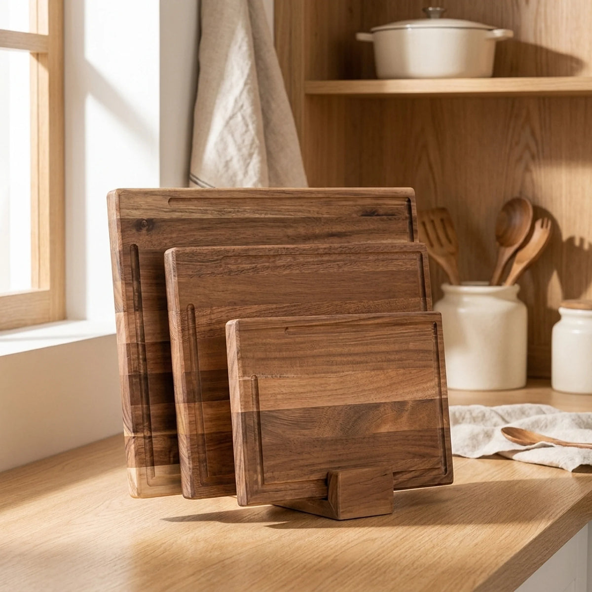 Chopping Board Set of 3 Juice Grooves Wooden Stand