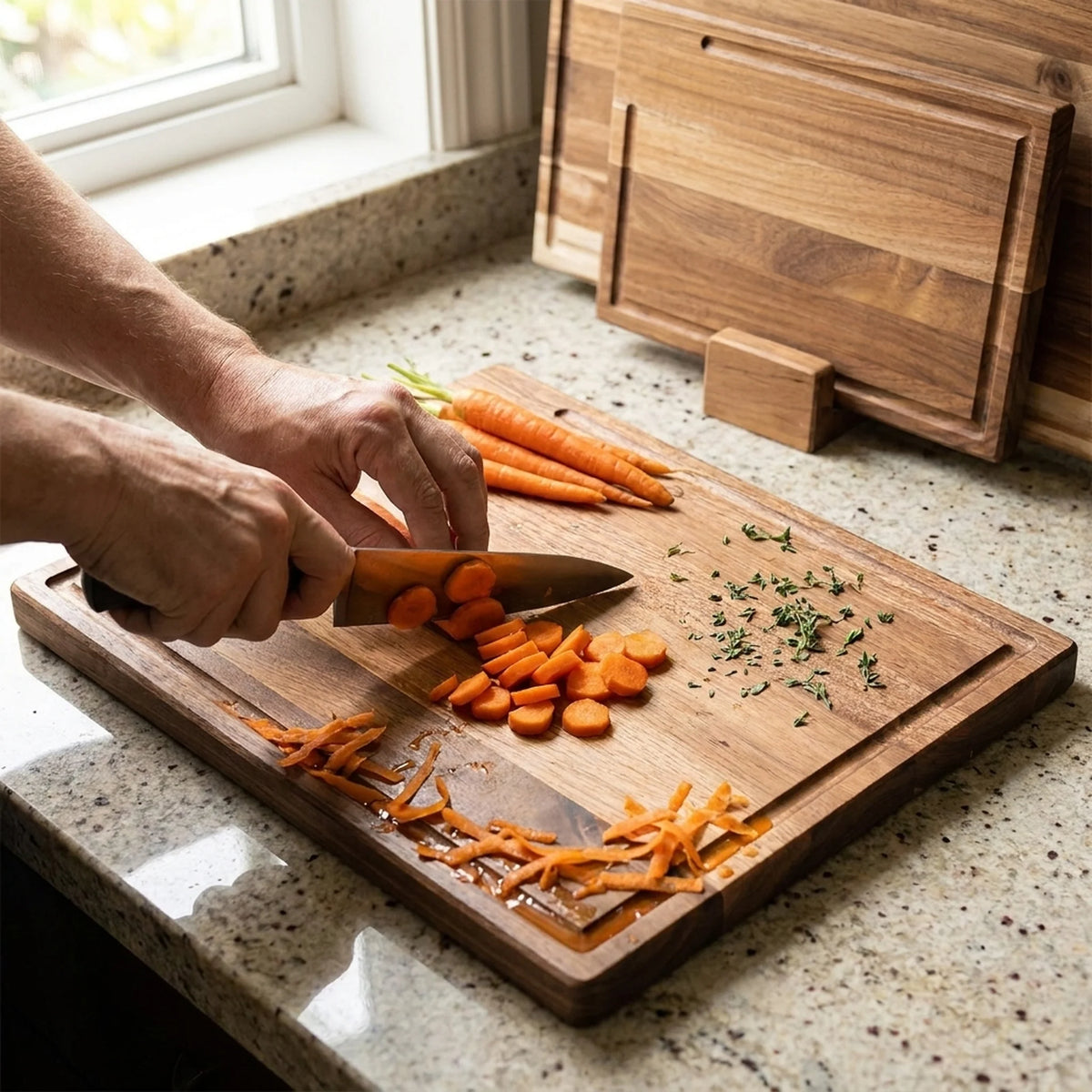 Chopping Board Set of 3 Juice Grooves Wooden Stand