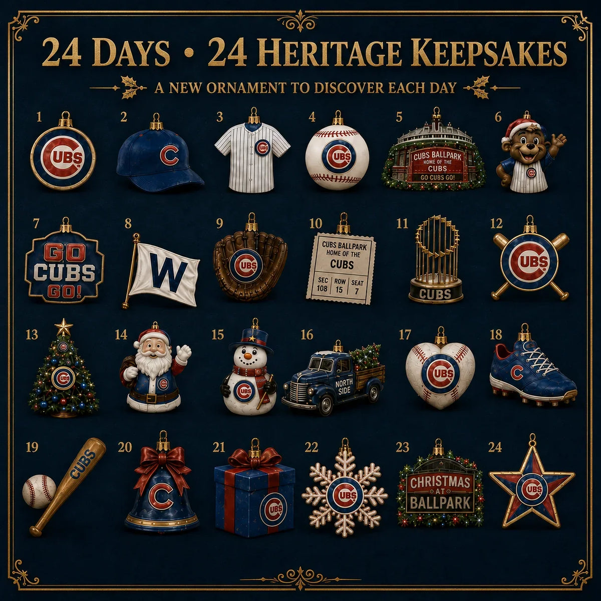 Christmas Advent Calendar Baseball Theme 24 Keepsake Ornaments