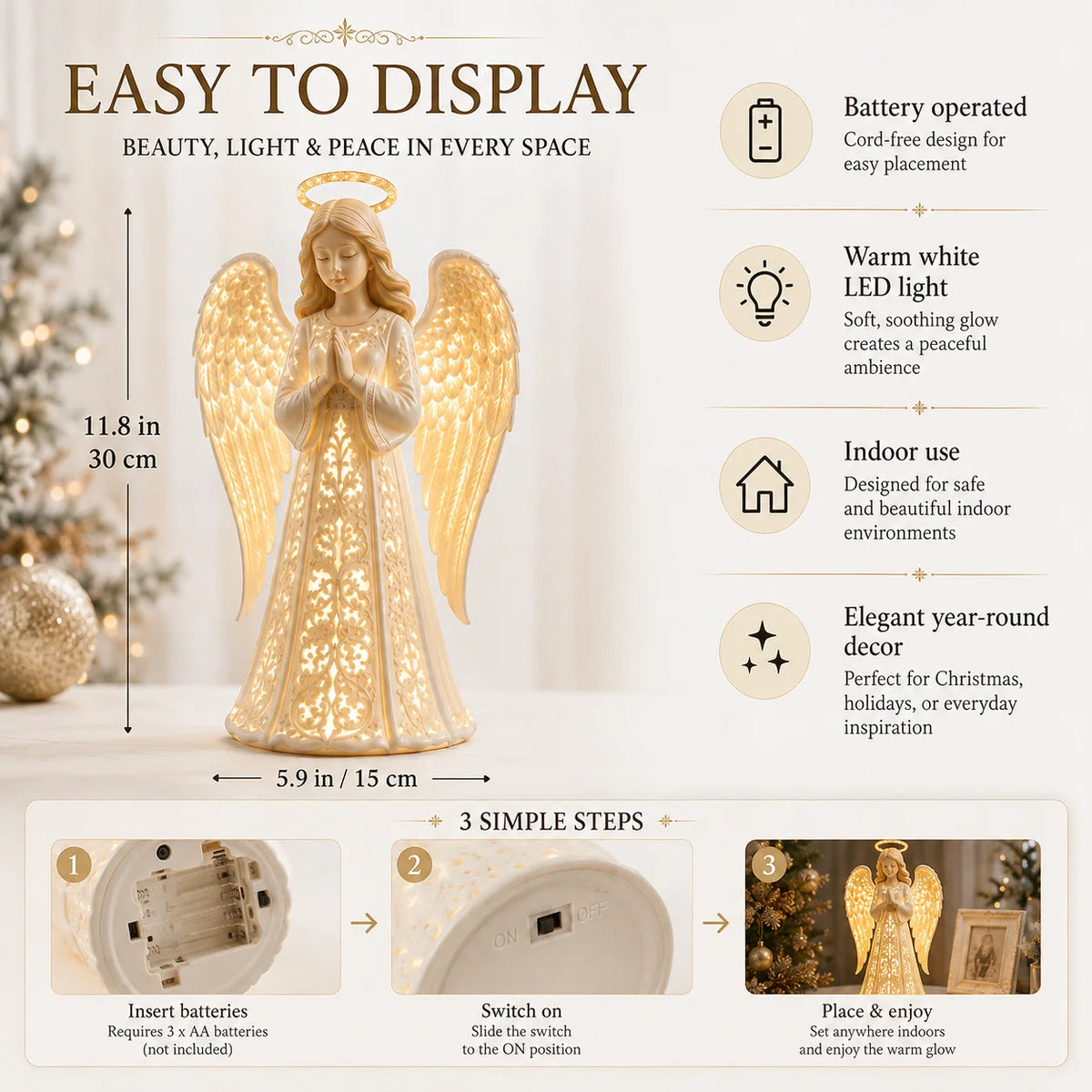 Christmas Angel Figurine Warm White LED Battery-Powered
