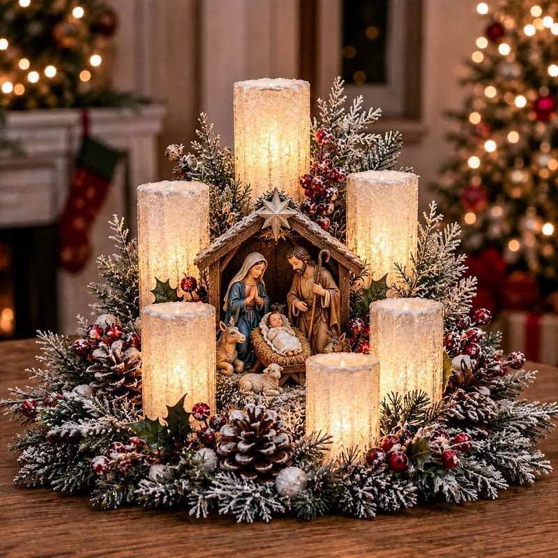 Christmas Centerpiece Flameless Candle-Style Lights Evergreen Foliage