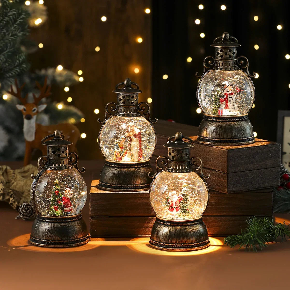 Christmas Lantern Glass Dome Battery-Powered LED Winter Scene